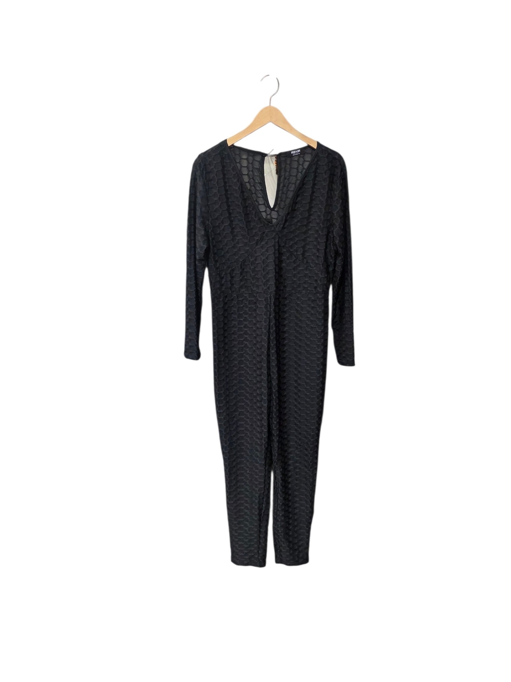 Black Textured V-Neck Long Sleeve Jumpsuit